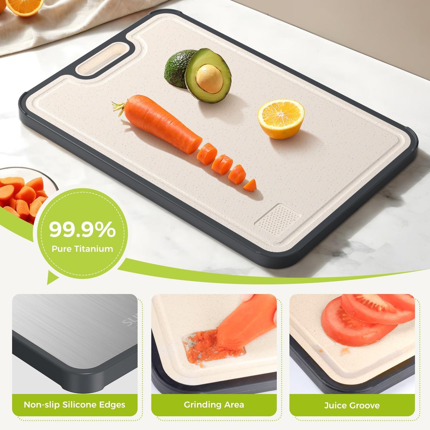 Titanium Cutting Board for Kitchen, Cutting Board Double Sided Food Grade, Pure Titanium/PP, Easy to Clean Large Size 16”×10” - Available at All In One Marketplace Canada