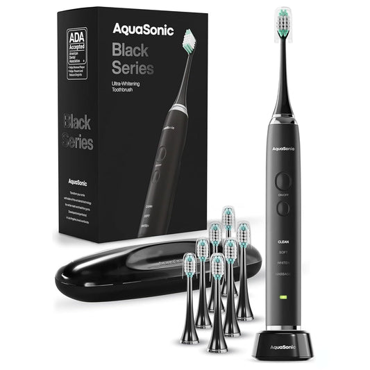 Aquasonic Black Series Ultra Whitening Electric Toothbrush | ADA Accepted Rechargeable Toothbrush, 8 Brush Heads & Travel Case, 40,000 VPM Electric Motor & Wireless Charging - 4 Modes with Smart Timer