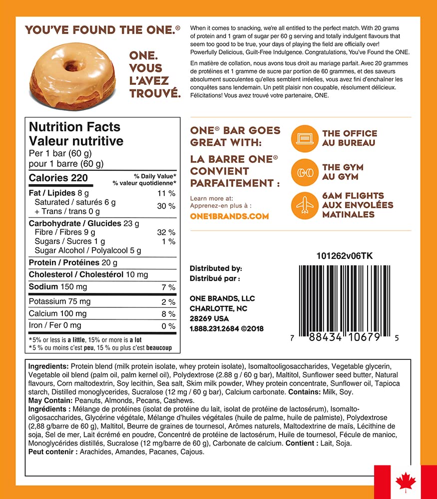 ONE Protein Bars, Maple Glazed Doughnut, Gluten Free Protein Bars with 20g Protein and only 1g Sugar, Snacking for High Protein Diets, 60g (12 Pack) [Packaging May Vary] - Available at All In One Marketplace Canada