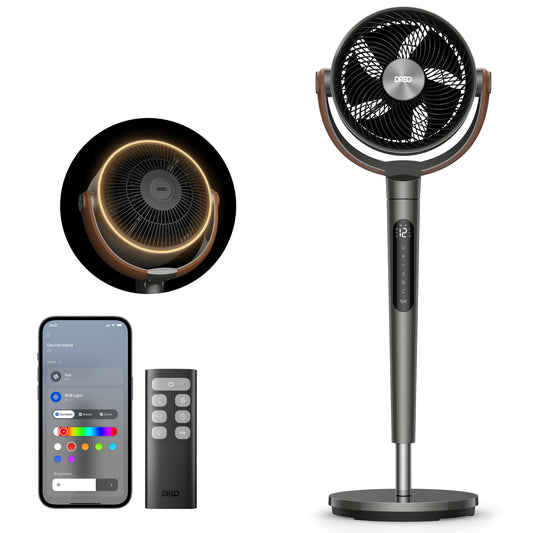 DREO Smart Fan For Bedroom, Standing Fans for Home, 120°+150° Oscillating Pedestal Fan Wi-Fi/Voice Control, 100ft 20db Quiet Circulator RGB Fan, DC Motor, 6 Modes, 12 Speeds, 37-42'' Adjustable Height - Available at All In One Marketplace Canada
