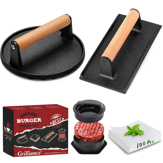 Grilliance 5pcs Smash Burger Press Kit, 3 in 1 Hamburger Press Patty Maker, Cast Iron Burger Press Round & Rectangle, 100pcs Wax Paper for Grill, Griddle, Flat top, Kitchen, Cooking - Available at All In One Marketplace Canada