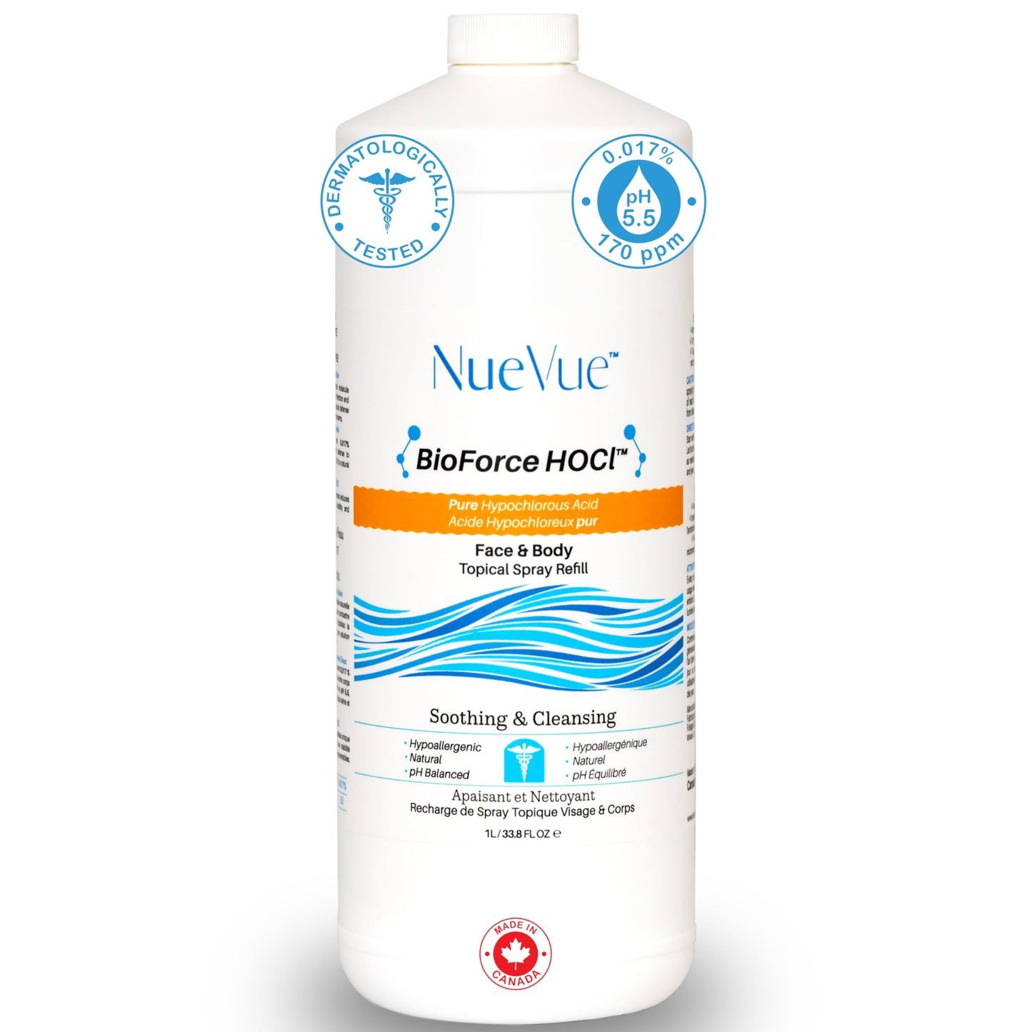 BioForce 1 Liter Hypochlorous Acid Spray Refill For Face & body - Acne-Prone Skin & Eczema, Piercing aftercare, Tattoo Aftercare, Made in Canada, All-in-One Gentle facial Cleanser & Toner, pH Balanced, Hypoallergenic & Non-comedogenic by NueVue (33.8 fl o - Available at All In One Marketplace Canada