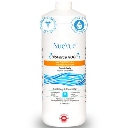 BioForce 1 Liter Hypochlorous Acid Spray Refill For Face & body - Acne-Prone Skin & Eczema, Piercing aftercare, Tattoo Aftercare, Made in Canada, All-in-One Gentle facial Cleanser & Toner, pH Balanced, Hypoallergenic & Non-comedogenic by NueVue (33.8 fl o - Available at All In One Marketplace Canada