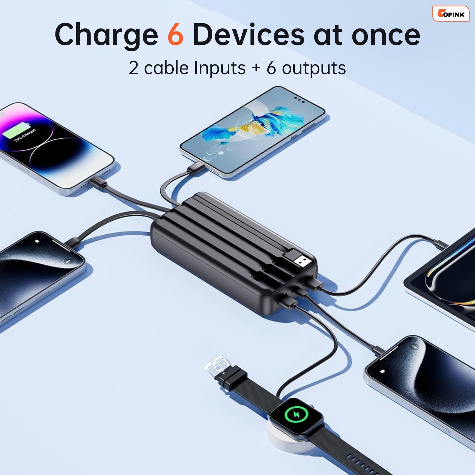 Portable Charger with Built in Cables, 50000mAh Power Bank Fast Charging 6 Outputs 2 Inputs with LED Display External Battery Pack Compatible with Cellphones Tablets AirPods etc - Available at All In One Marketplace Canada