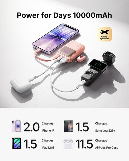 INIU Power Bank, Ultra Mini 10000mAh 45W Fast Charging Portable Charger, USB C Battery Pack with Cable, Flight-Safe Travel Powerbank for iPhone 17 16 15 14 13 12 Pro Max Air, Samsung S26 S25 S24, Pink