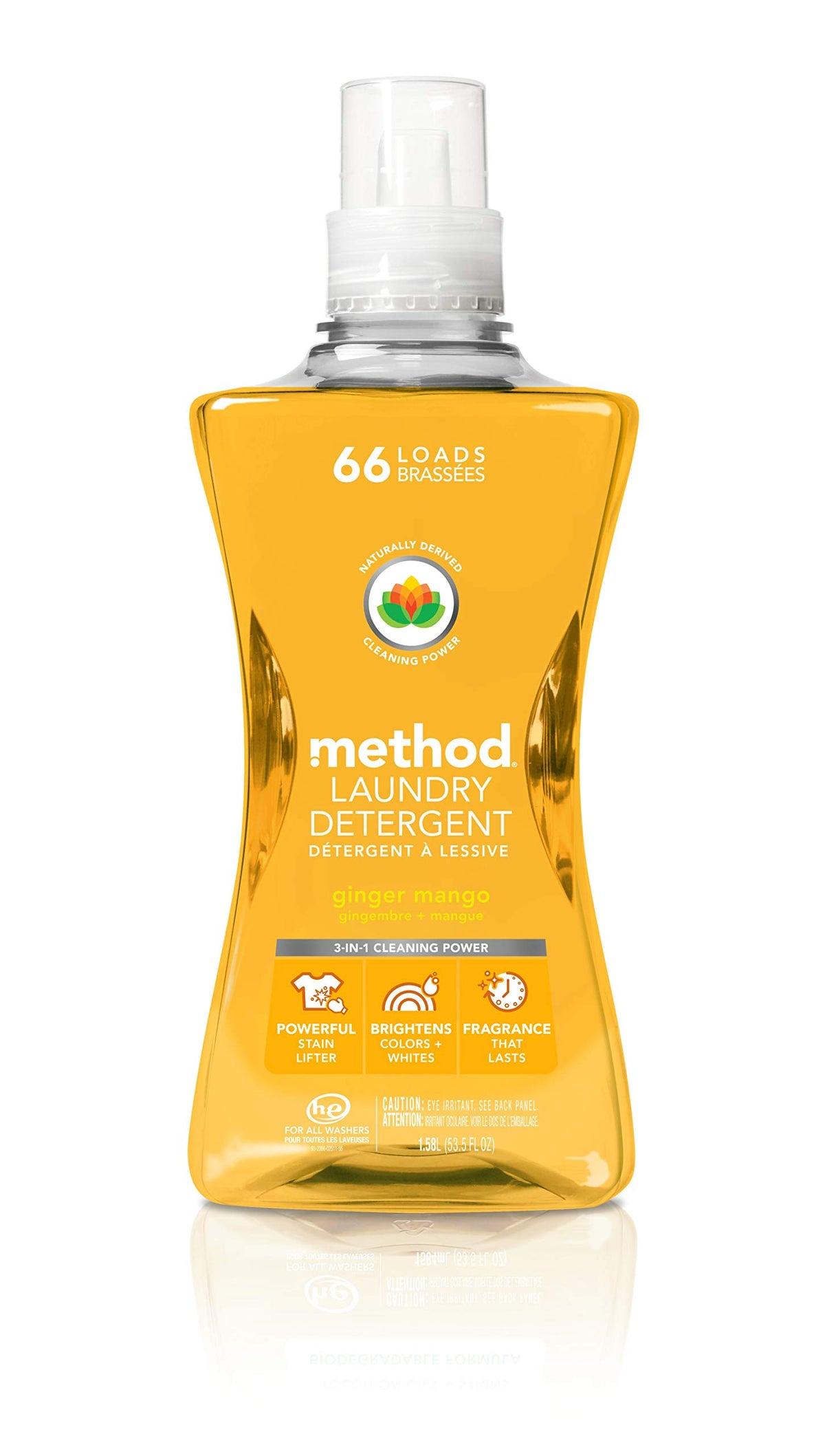 Method Liquid Laundry Detergent, Hypoallergenic + Biodegradable Formula, Plant-Based Stain Remover, Ginger Mango Scent, 66 Loads per 1.5 Liter Bottle, 4 Pack (264 Total Loads), Packaging May Vary
