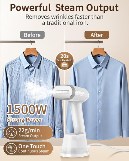 ELORTI Steamer Clothes, 1500W Fast Heating Handheld Portable Travel Steamer