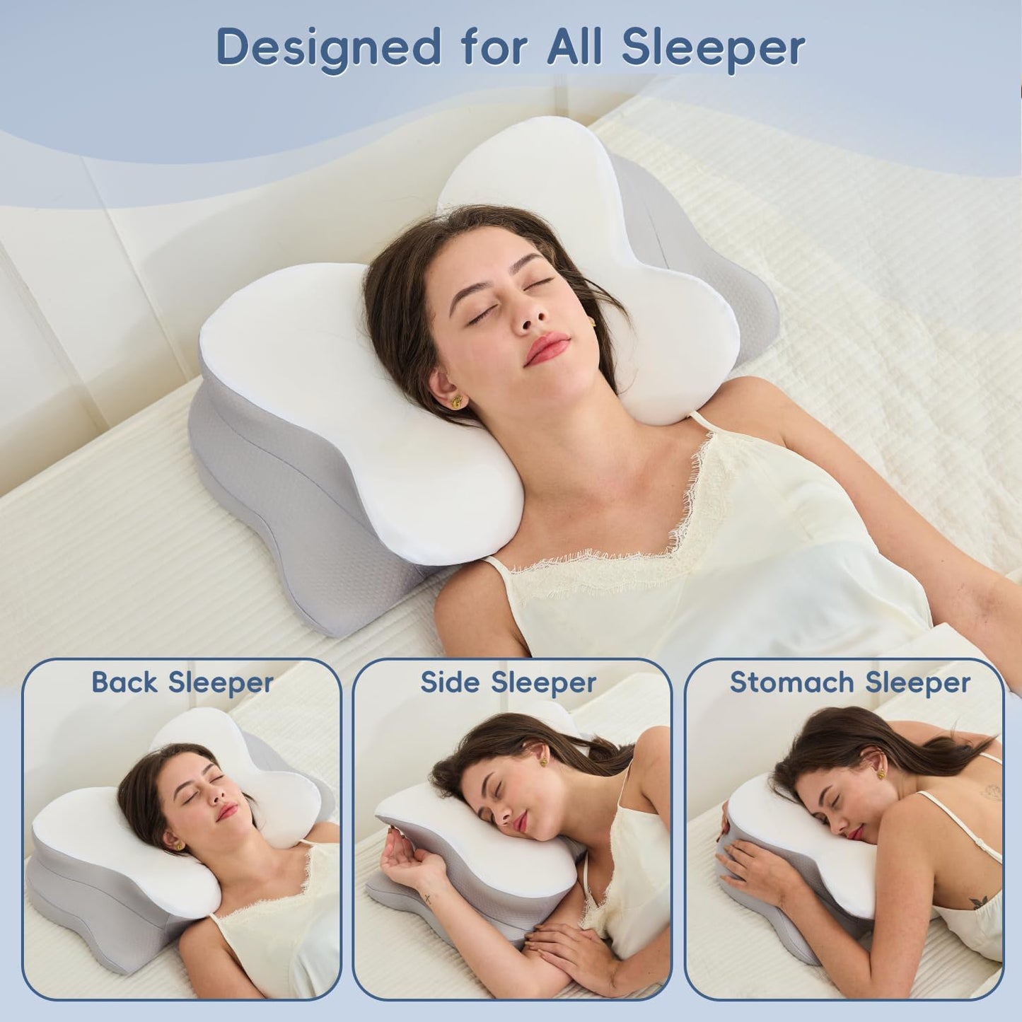 SNUGUP Ergonomic Cervical Neck Pillow, Memory Foam Neck Support Pillow with Contoured Design, Breathable Removable Pillowcase, for Side Back Stomach Sleepers, White - Available at All In One Marketplace Canada