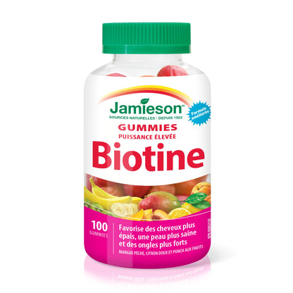 Jamieson High Potency Biotin Gummies with Vitamin C and Vitamin E, 100 Gummies, Mixed Flavours. Supports Thicker Hair, Healthier Skin, Stronger Nails. Gelatin-Free - Available at All In One Marketplace Canada