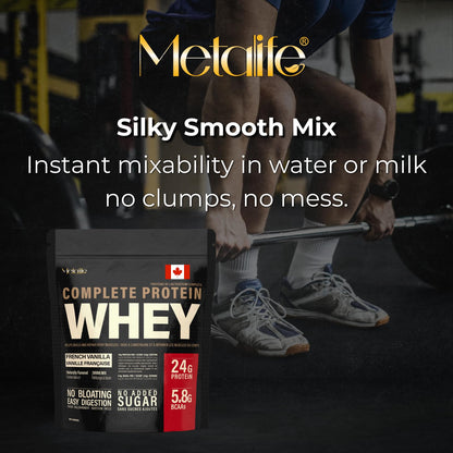 MetaLife Complete Whey Protein Powder – 24g Protein, 5.8g BCAAs, Sugar-Free, Gluten-Free, 714g (21 Servings) – French Vanilla