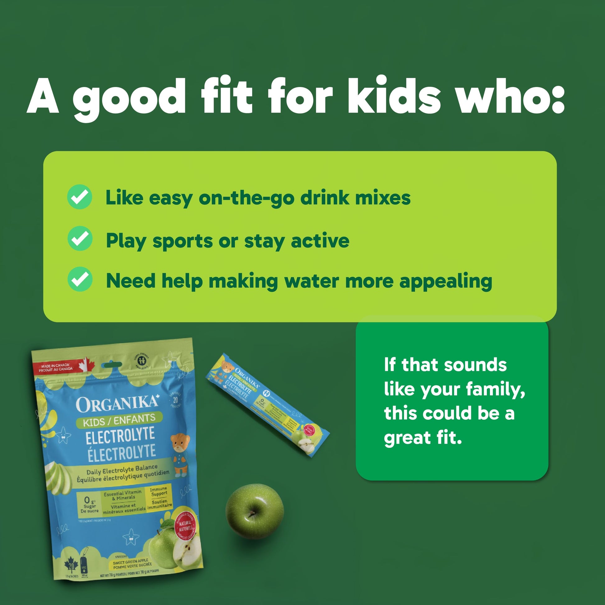 Organika Kids Electrolytes Powder Sticks - Sugar-Free Hydration + Immune support with 100% of daily Vitamin C, Minerals and Prebiotic Fibre | Green Apple Flavour - 3.5g x 20 sachets Organika