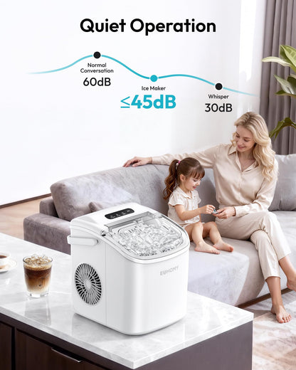 EUHOMY Countertop Ice Maker Machine with Handle, 26lbs Per Day, 9 Ice Cubes Ready in 6 Mins, Auto-Cleaning Portable Ice Maker with Basket and Scoop, for Home/Kitchen/Camping/RV (White)