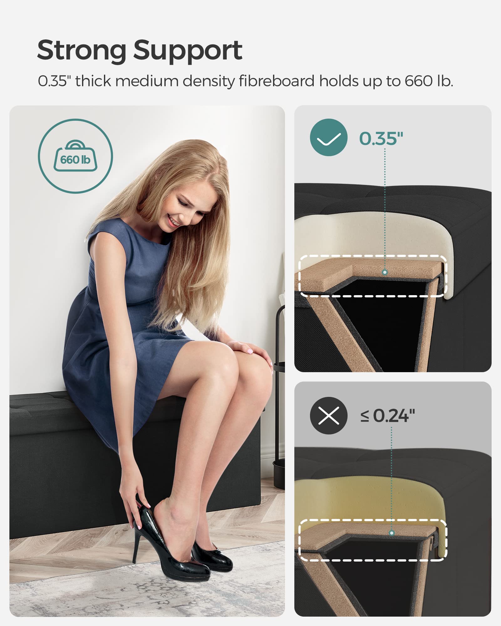 SONGMICS 110 cm Folding Storage Ottoman Bench, Padded Seat SONGMICS