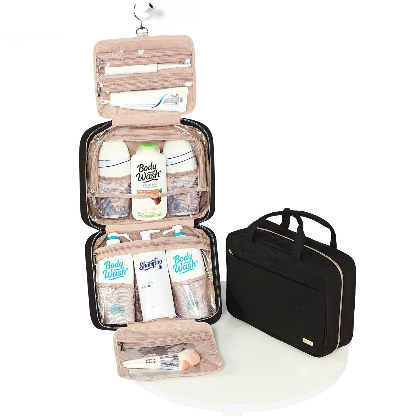 NISHEL Travel Toiletry Bag for Women, Portable Hanging Organizer for Full-Sized Shampoo, Conditioner, Brushes Set, Makeup Accessories, Large Size, Black 🍁 All In One Marketplace Canada