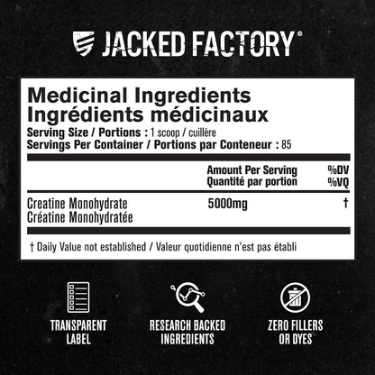 Jacked Factory Creatine Monohydrate Powder 425g - Canadian-Owned Informed Choice Certified Supplement for Increased Muscle Mass*, Improved Strength, Power, & Performance** - 85 Servings, Unflavored