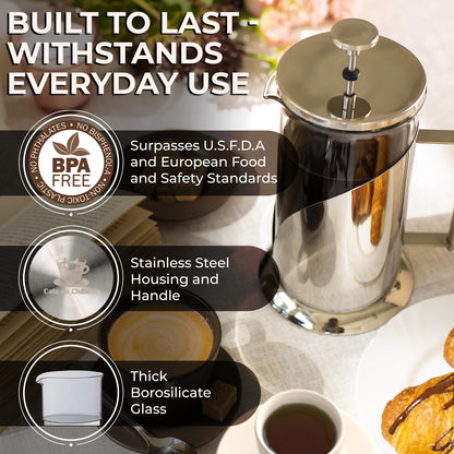 French Press Coffee Maker 34oz – Stainless Steel & Glass Coffee Press with 4-Level Filtration, BPA-Free Cafetiere for Camping or Home – Large, Durable for Hot & Cold Brew - Available at All In One Marketplace Canada