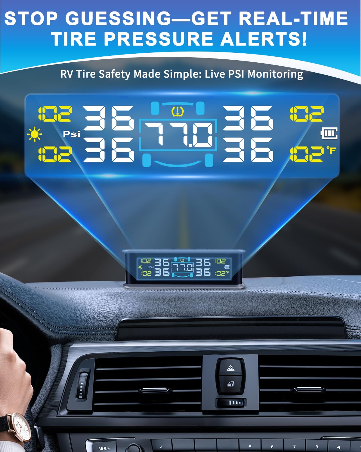 Flydew RV Tire Pressure Monitoring System (TPMS) - TPMS sensors Set of 4 | Solar/USB Charger | LCD Display | for RV/Truck/SUV/MPV/Sedan | TPMS Kit