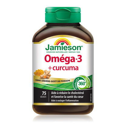 Jamieson Omega-3 + Turmeric Softgels, No Fishy Aftertaste, Supports Heart, Brain, and Joint Health. Fish Oil, Reduces Cholesterol and Inflammation, with EPA and DHA, Gluten-Free, 75 Count, Proudly Canadian - Available at All In One Marketplace Canada