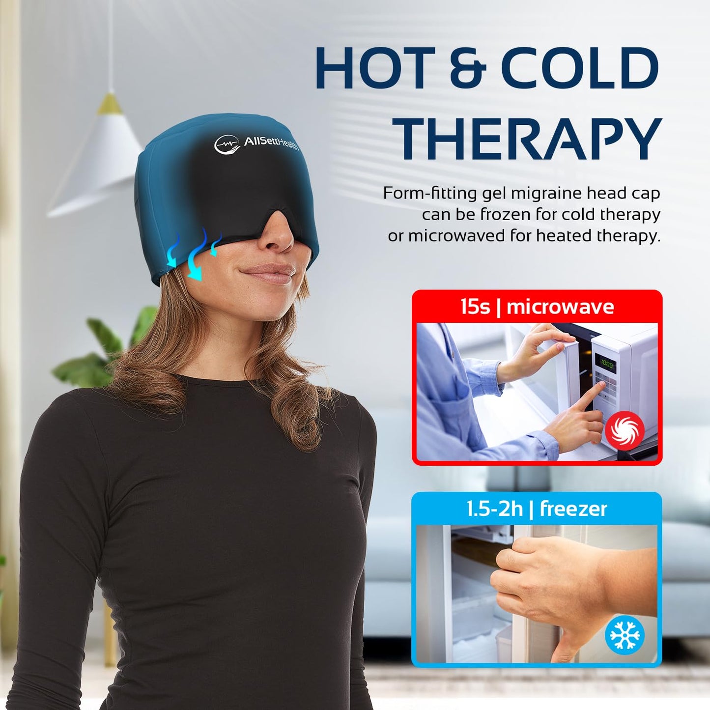 AllSett Health Headache Migraine Relief Cap - Cold Headache Hat for Migraine | Patented Headache Mask & Migraine Hat -Hot and Cold Therapy Cap for Puffy Eyes, Tension, Sinus and Stress Relief