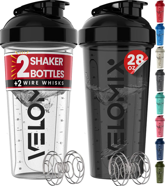 VELOMIX -2 Pack- 28 oz Protein Shaker Bottles for Protein Mixes - 2x Wire Whisk | Leak Proof Shaker Cups for Protein Shakes | Protein Shaker Bottle Pack | Shakers (Transparent & Black - 28oz)