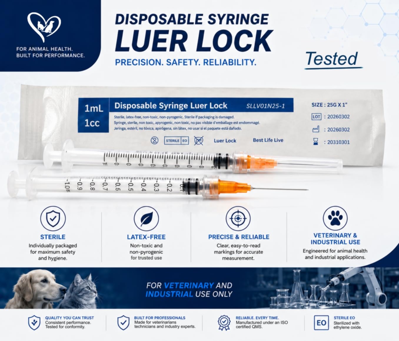 100 Pack 1mL (1cc) Disposable Sterilized Syringe, 25G X 1, Luer Lock Pyrogen Free, Latex Free