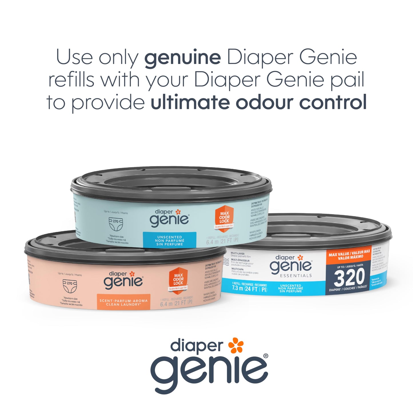 Diaper Genie Essentials Round Refill 4-Pack | Holds Up to 1280 Newborn Diapers | Features Unscented Continuous Film | Compatible with Diaper Genie Complete and Expressions Pails