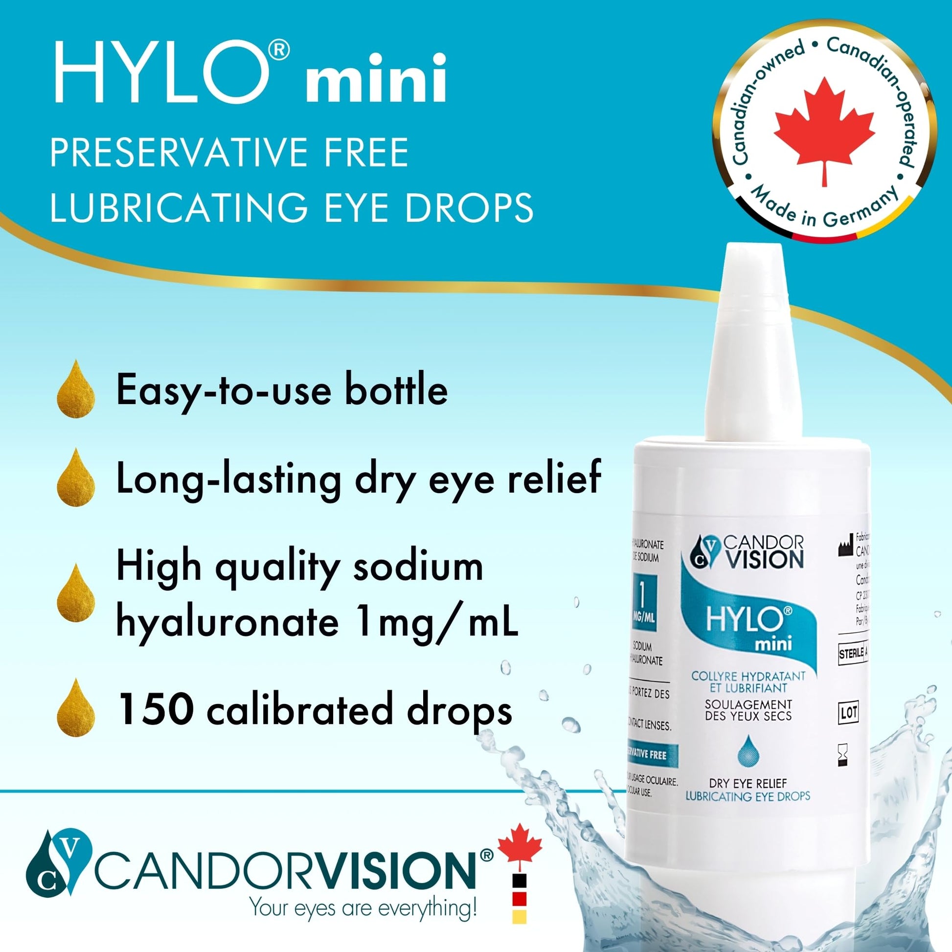 CandorVision HYLO® mini Preservative-Free Lubricating Eye Drops (150 Drops, 5ml), Immediate Long-lasting Dry Eye Relief, High Quality Sodium Hyaluronate, 6-Month Sterility, Contact Lens Compatible - Available at All In One Marketplace Canada