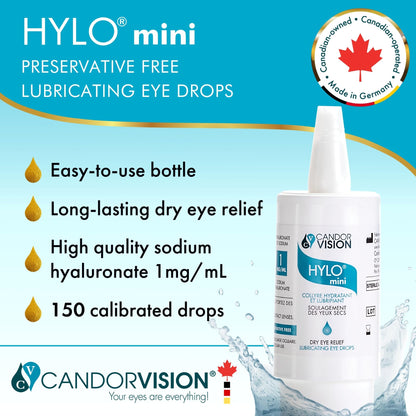 CandorVision HYLO® mini Preservative-Free Lubricating Eye Drops (150 Drops, 5ml), Immediate Long-lasting Dry Eye Relief, High Quality Sodium Hyaluronate, 6-Month Sterility, Contact Lens Compatible - Available at All In One Marketplace Canada