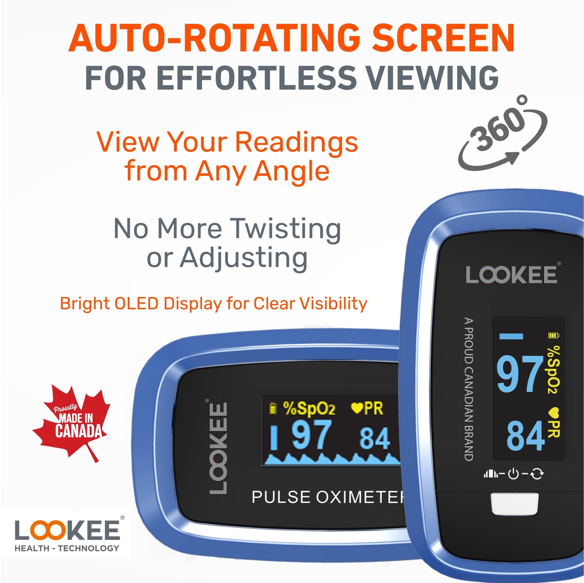 LOOKEE LK50D1 Deluxe Fingertip Pulse Oximeter | Proudly Canadian Finger SpO2 Blood Oxygen Monitor with Auto Rotate OLED Display, Plethysmograph & Pulse Graph | Blue - Available at All In One Marketplace Canada
