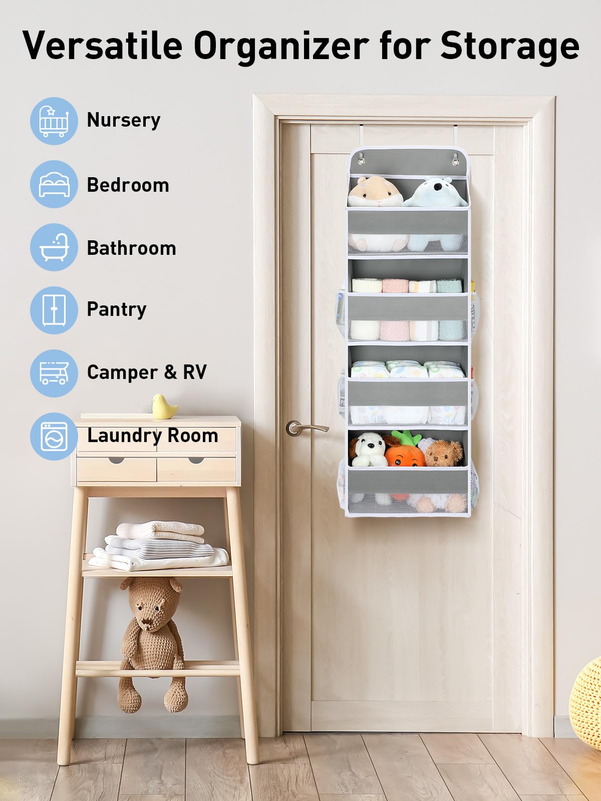 Yecaye 1 Pack Over the Door Organizer, 35.2lbs Load Closet Door Organizer Hanging, Swing-proof Diaper Organizer Storage with 4 Big Pockets 6 Mesh Pockets for Nursery Newborn Baby Essentials Stuff