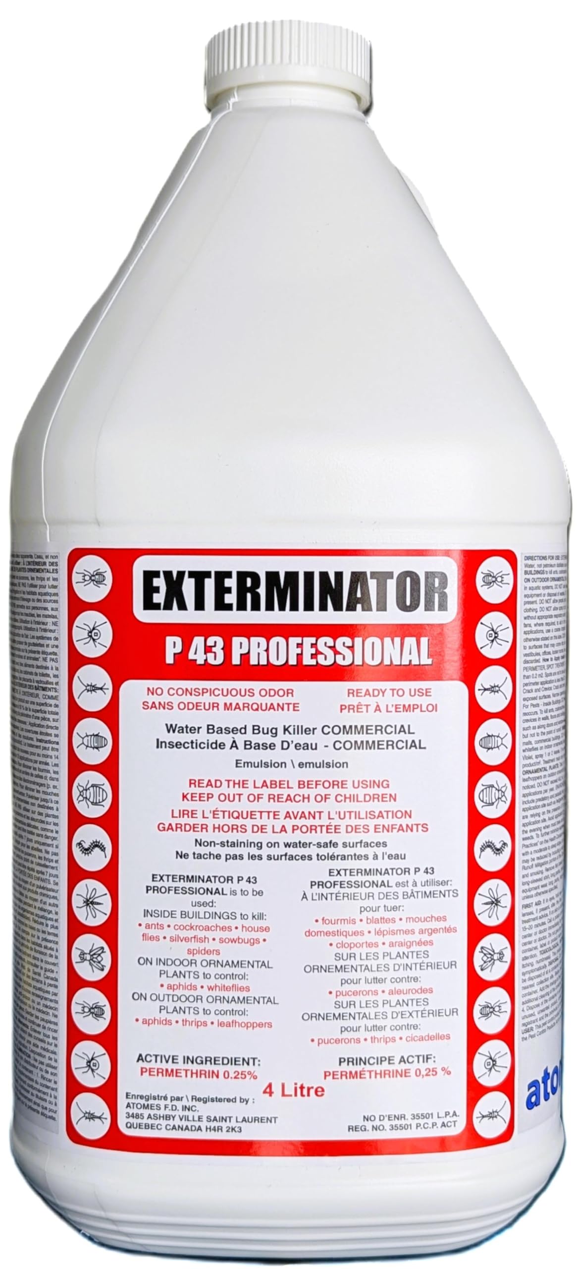 Exterminator P 43 Professional | Insect Killer Spray | Water-Based, Odor-Free Formula | 4L | Kills Ants, Cockroaches, Ticks, House Flies, Spiders | Indoor & Outdoor Use | Permethrin 0.25% - Available at All In One Marketplace Canada