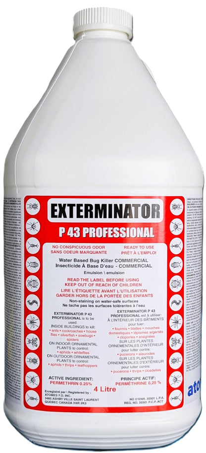 Exterminator P 43 Professional | Insect Killer Spray | Water-Based, Odor-Free Formula | 4L | Kills Ants, Cockroaches, Ticks, House Flies, Spiders | Indoor & Outdoor Use | Permethrin 0.25% - Available at All In One Marketplace Canada