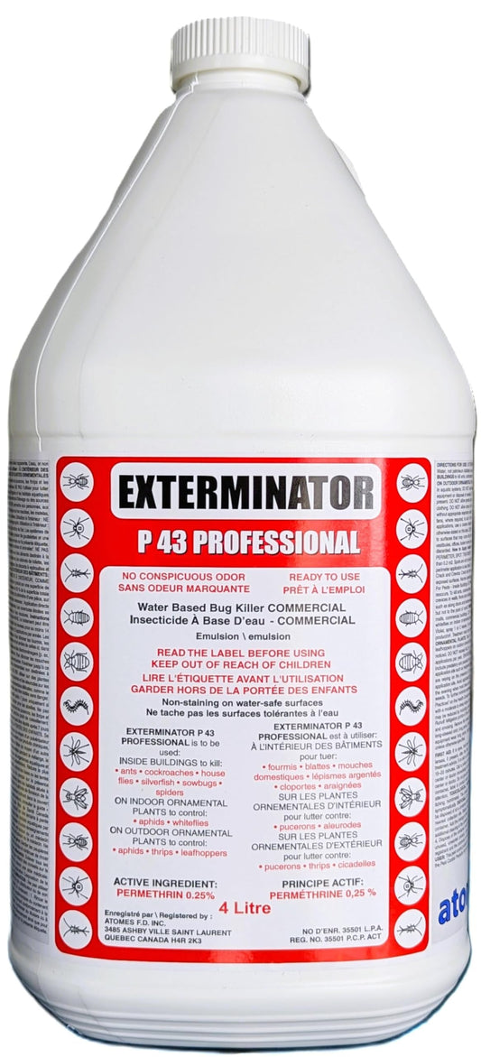 Exterminator P 43 Professional | Insect Killer Spray | Water-Based, Odor-Free Formula | 4L | Kills Ants, Cockroaches, Ticks, House Flies, Spiders | Indoor & Outdoor Use | Permethrin 0.25% - Available at All In One Marketplace Canada