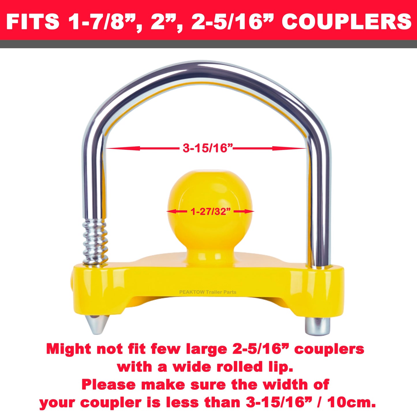 PEAKTOW PTS0002 Heavy Duty Universal Adjustable Coupler Lock Trailer Hitch Storage Security Lock Fits 1-7/8, 2, 2-5/16 Inches Couplers