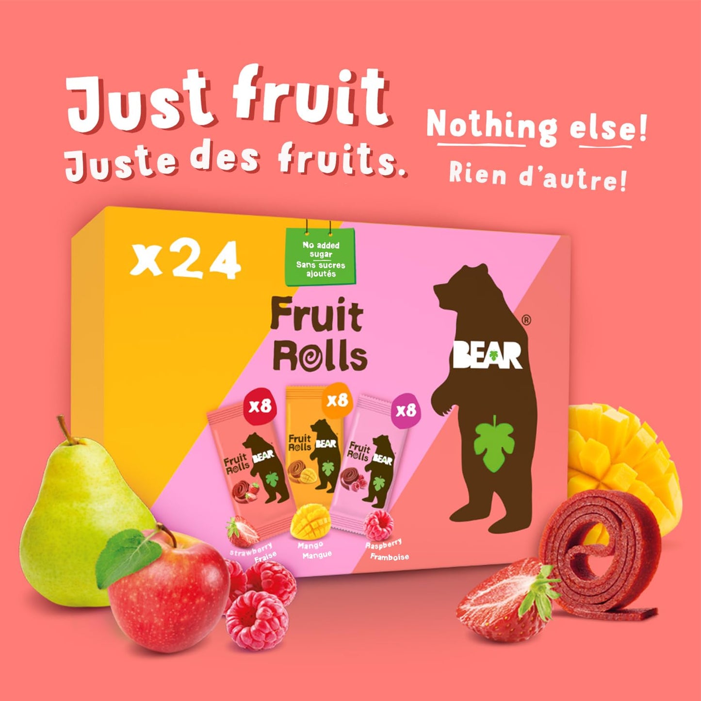 BEAR Fruit Rolls Variety Pack - Strawberry, Mango & Raspberry - Real Fruit Snacks - 100% Natural, No Added Sugar, Gluten Free, Vegan - 24 Count