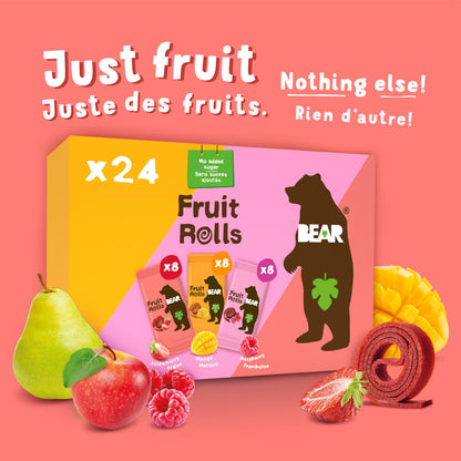 BEAR Fruit Rolls Variety Pack - Strawberry, Mango & Raspberry - Real Fruit Snacks - 100% Natural, No Added Sugar, Gluten Free, Vegan - 24 Count