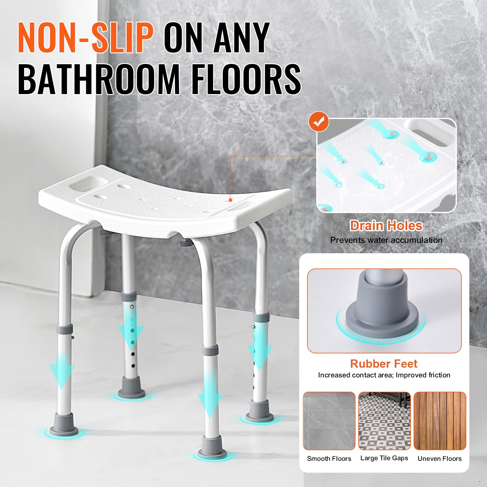 VEVOR Shower Chair, Adjustable Height Shower Stool with Built-in Handles, Shower Seat for Inside Shower or Tub, Non-Slip Bench Bathtub Stool Seat for Elderly Disabled Handicap, 158.8 kg Capacity VEVOR