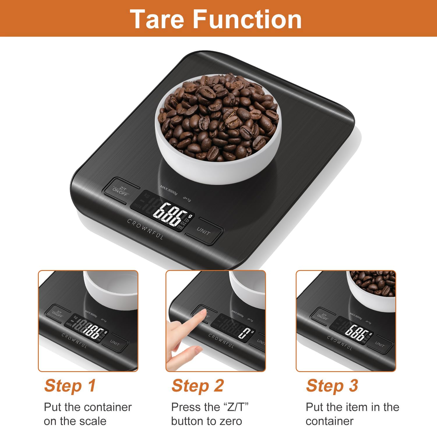 CROWNFUL Food Scale, 5kg/11lb Digital Kitchen Scales Weight Ounces and Grams for Cooking and Baking, 6 Units with Tare Function, Black (Battery Included)