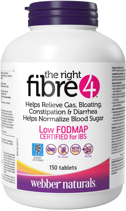 Webber Naturals The Right Fibre4 IBS Intestinal Discomfort Tablets, 150 Tablets, Fibre Supplement for Digestive Health, Low-FODMAP, Vegan - Available at All In One Marketplace Canada
