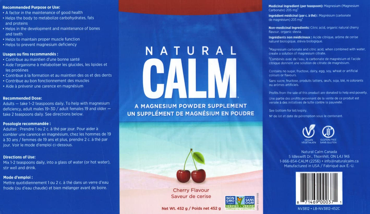 Natural Calm Magnesium Citrate Powder (Cherry Flavour) - Quick Absorbing - Magnesium Drink, 452g