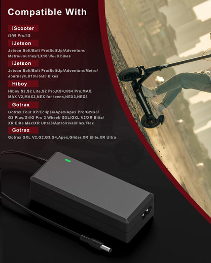 42V 2A Electric Scooter Charger for GOTRAX GXL V2,G2,G3,G4,Hiboy S2 Pro,Jetson Bolt/Bolt Pro/Adventure/Metro/Journey/LX10/ J5/J8 Bikes - Available at All In One Marketplace Canada