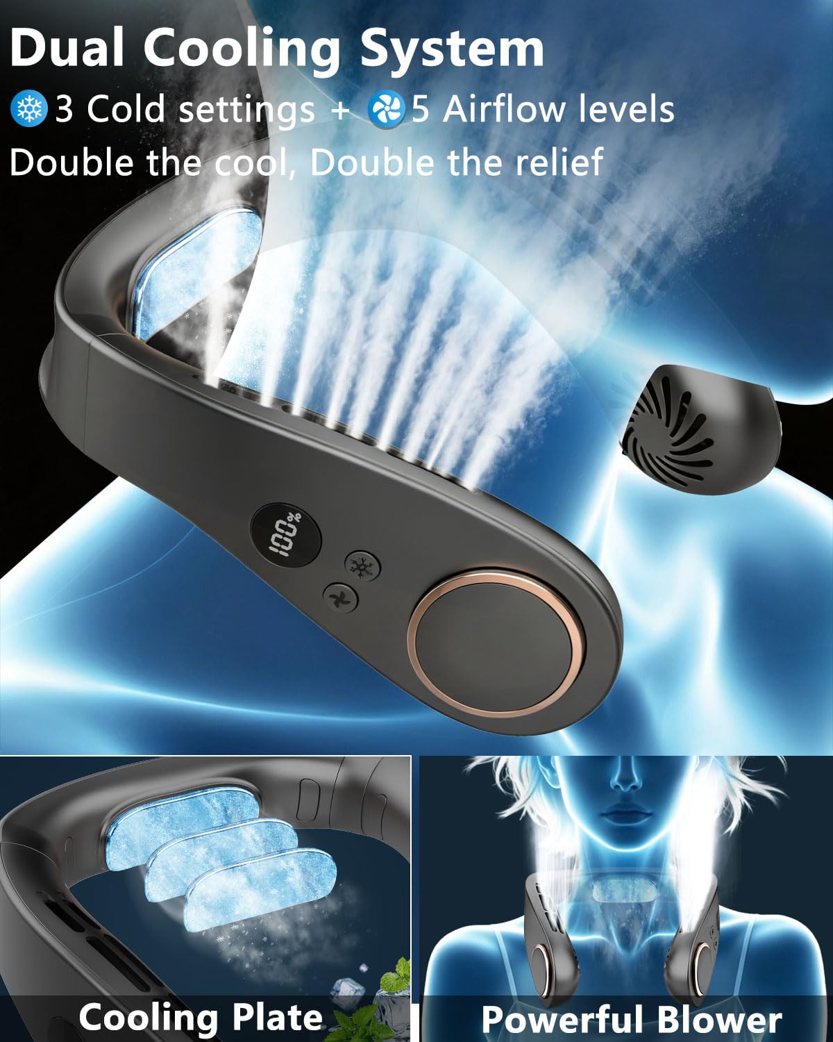 Neck Fan with Cooling Plate-5500mAh Rechargeable, Ultra Quiet Operation, 5 Speeds & 3 Cooling Modes, USB-C Fast Charging, LED Display Battery & Speed, Bladeless Wearable Neck Cooler for Travel Black - Available at All In One Marketplace Canada