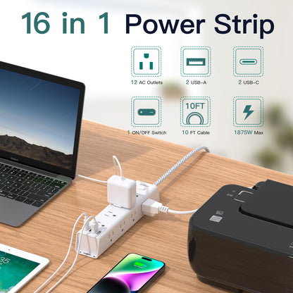 Surge Protector Power Bar - 10 FT Extension Cord, Power Strip with 12 Widely AC Outlet 4 USB, Flat Plug, Wall Mount Overload Protection, 1050J, Desk Charging Station for Dorm Home Office - Available at All In One Marketplace Canada
