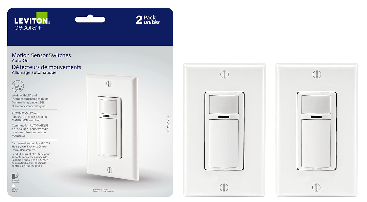 Leviton 2-Pack Decora Occupancy Motion Sensor Light Switch, Auto-On, 2A, Residential Grade, Single Pole, DOS02-2PK, White Leviton