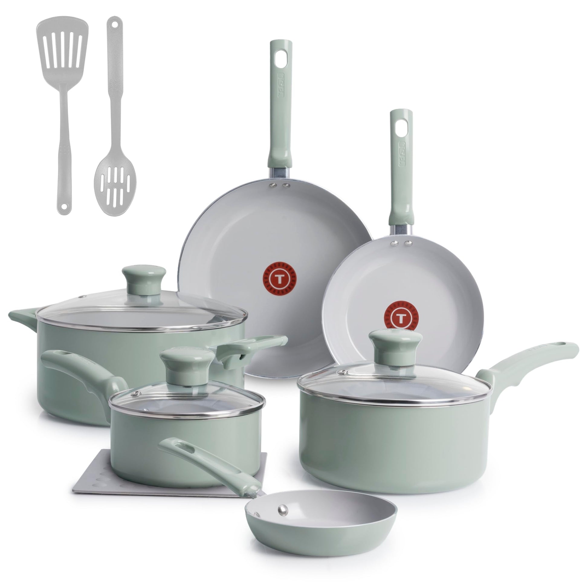 T-Fal Refresh Ceramic Nonstick 12-Piece Cookware Set, Oven Safe Up to 350ºF, Includes Stockpot, Griddle, Frying Pan, Utensils, Ceramic Cookware, Mint Green T-Fal