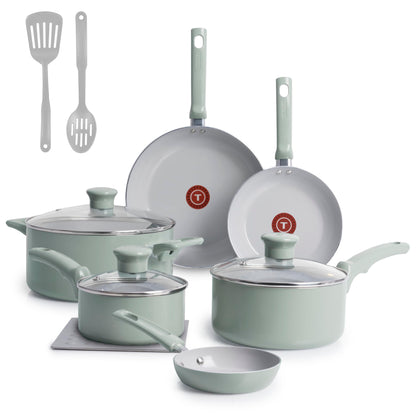 T-Fal Refresh Ceramic Nonstick 12-Piece Cookware Set, Oven Safe Up to 350ºF, Includes Stockpot, Griddle, Frying Pan, Utensils, Ceramic Cookware, Mint Green T-Fal
