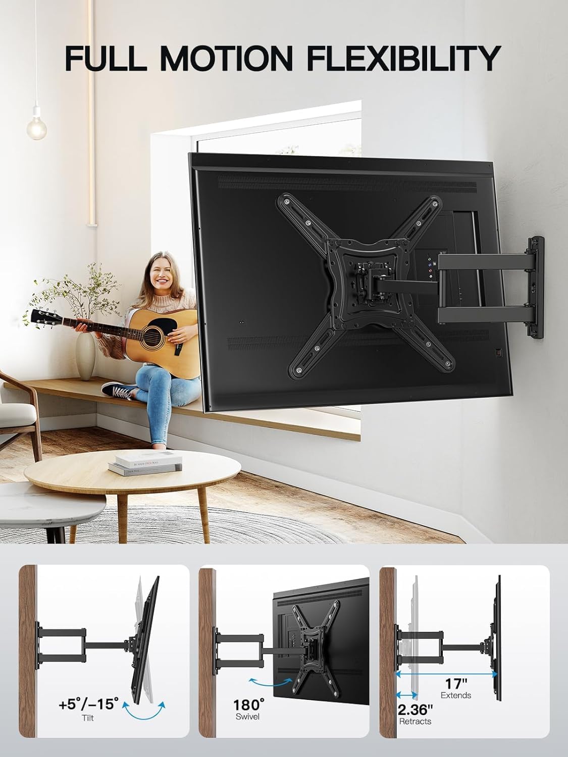 Pipishell Full Motion TV Wall Mount for 26-65 Inch Flat Curved Screen TVs, Max VESA 400x400mm up to 77 lbs, Swivel TV Mount Wall Bracket with Articulating Arms, Tilt, Extension, PIMF7