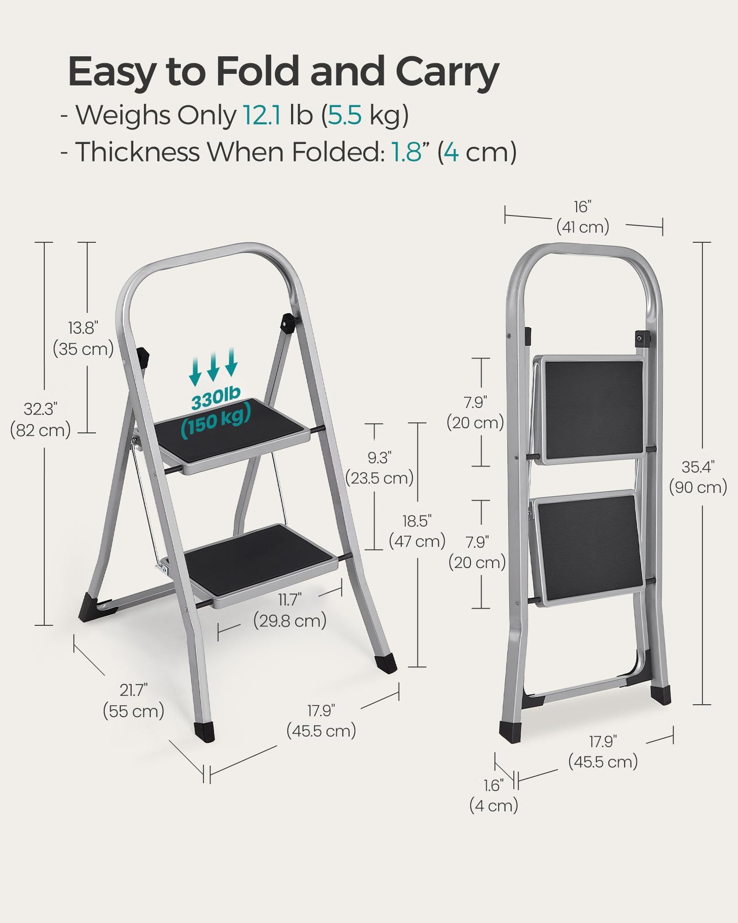 SONGMICS Step Ladder, 2-Step Ladder, Folding Ladder, Safety Lock, Space-Saving Storage, Holds up to 330 lb, Dove Gray UGSL012G01 SONGMICS