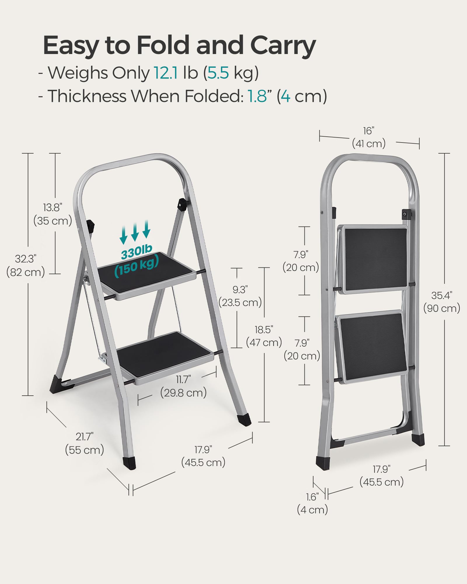 SONGMICS Step Ladder, 2-Step Ladder, Folding Ladder, Safety Lock, Space-Saving Storage, Holds up to 330 lb, Dove Gray UGSL012G01 SONGMICS