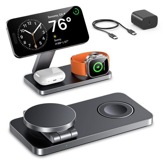 EXW Wireless Charging Station for Apple, Compatible with MagSafe Charger Stand,Foldable Travel Bedside Fast Qi Magnetic Wireless Charger for iPhone 17 Air 16 15 14 13 12 Series,Airpods Pro,Apple Watch - Available at All In One Marketplace Canada